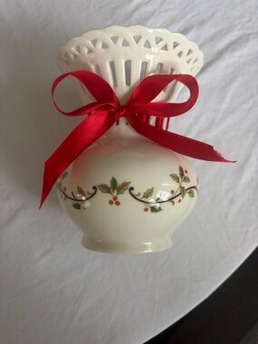 Mikasa Holiday Ceramic Bud Vase with Red Ribbon and Holly Accent